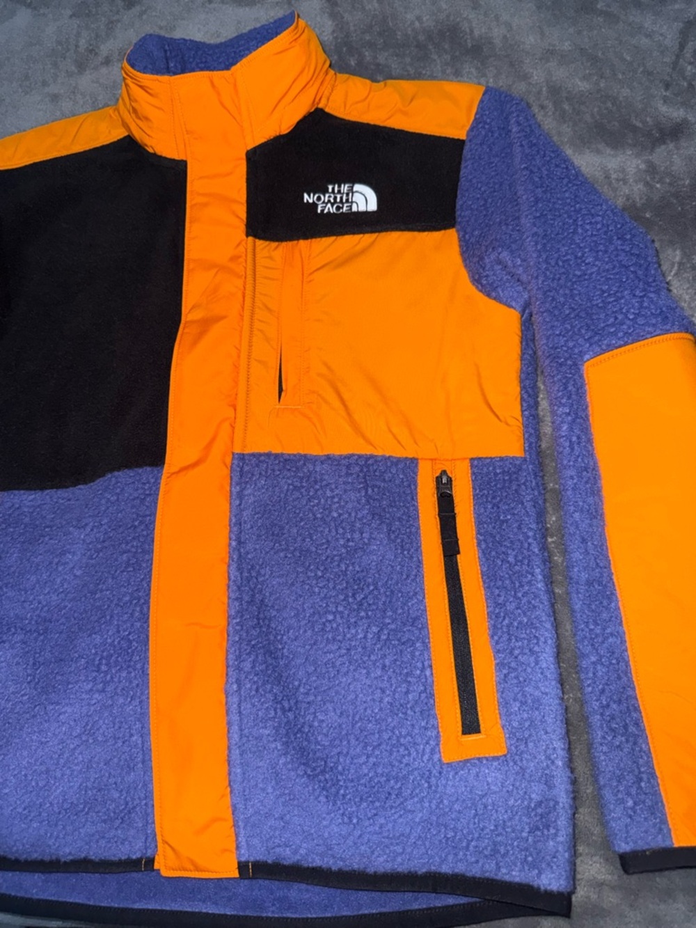 Kid’s North Face Orange and Purple Colorblock Fleece Jacket Sz L (12)